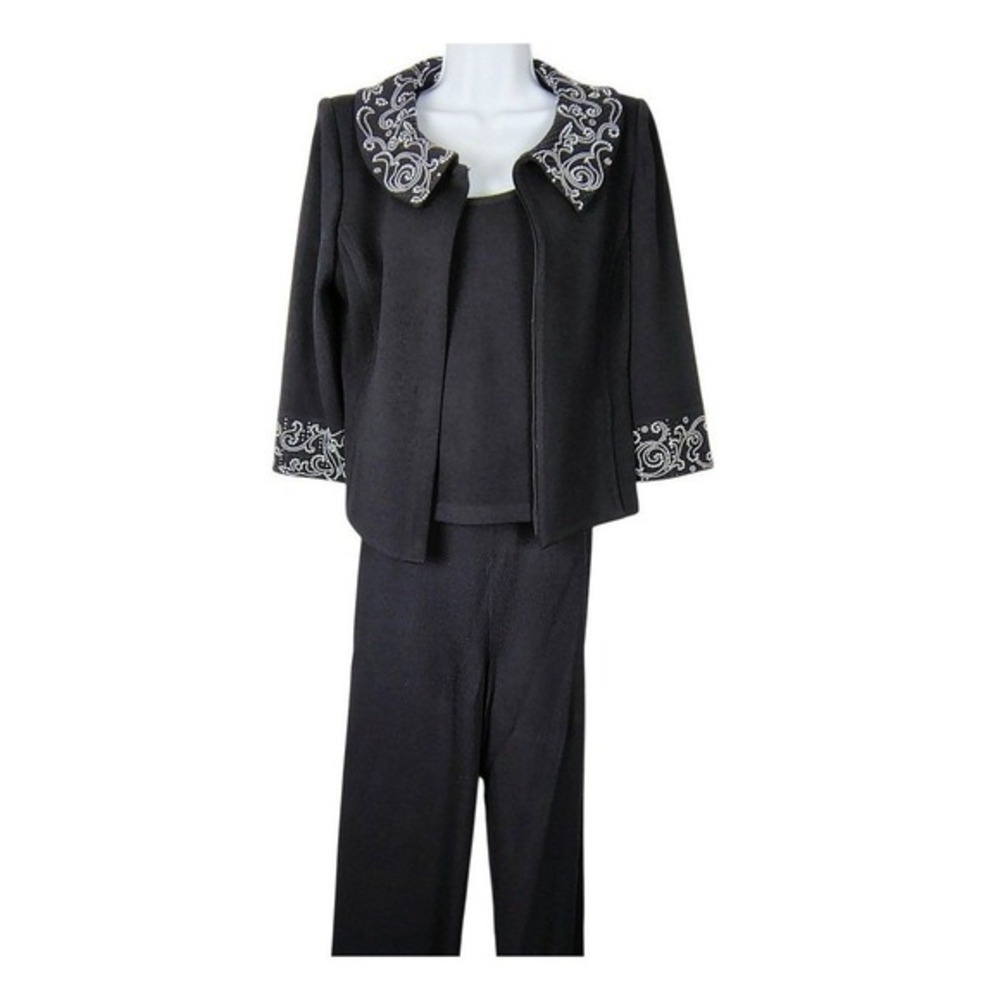 St John Knits 3pc Jacket Tank Pants Black Beaded Scroll 6 Quite luxury elegant